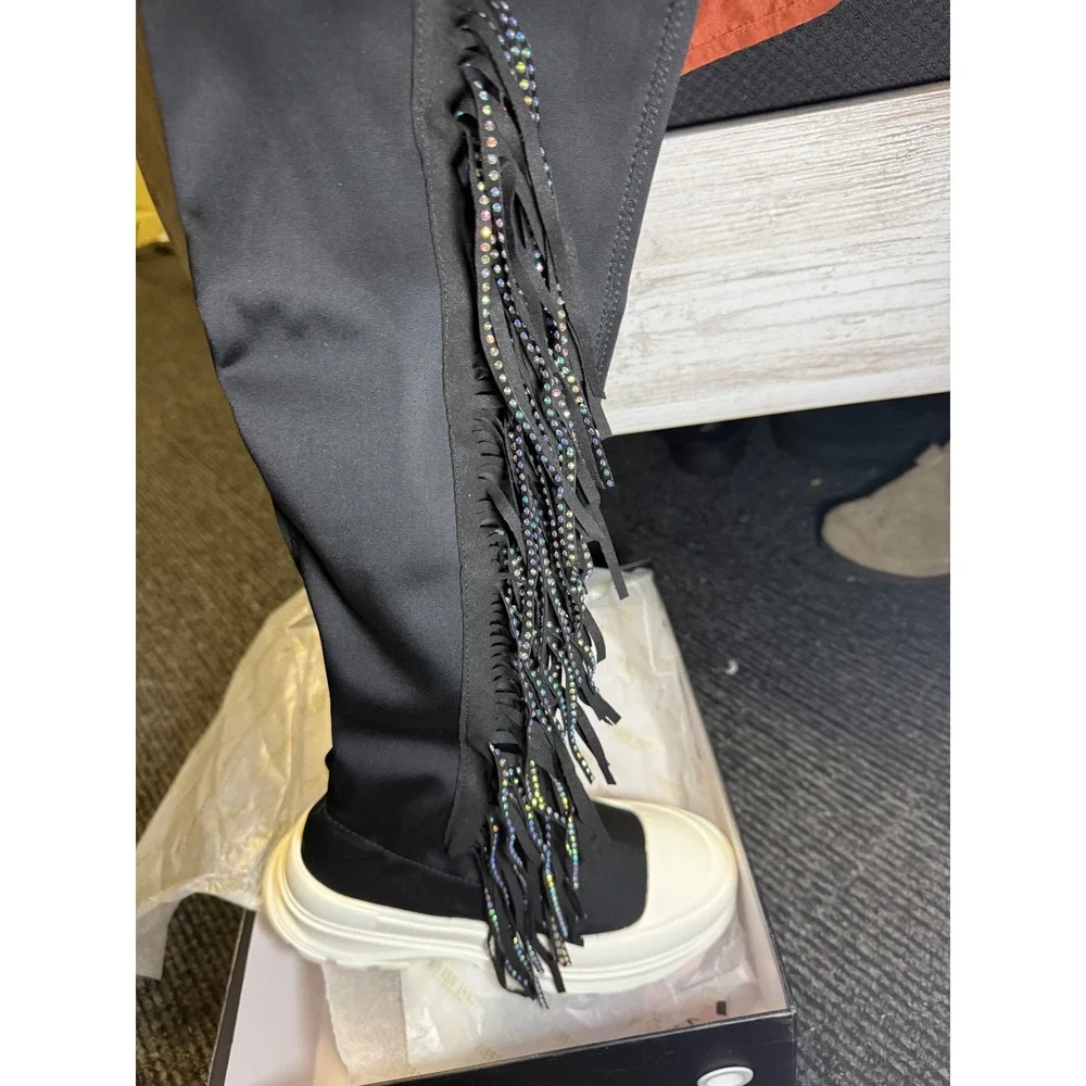 Cape Robbin Black Rhinestone Fringe Platform Knee High Boots‎ 6 goth grunge